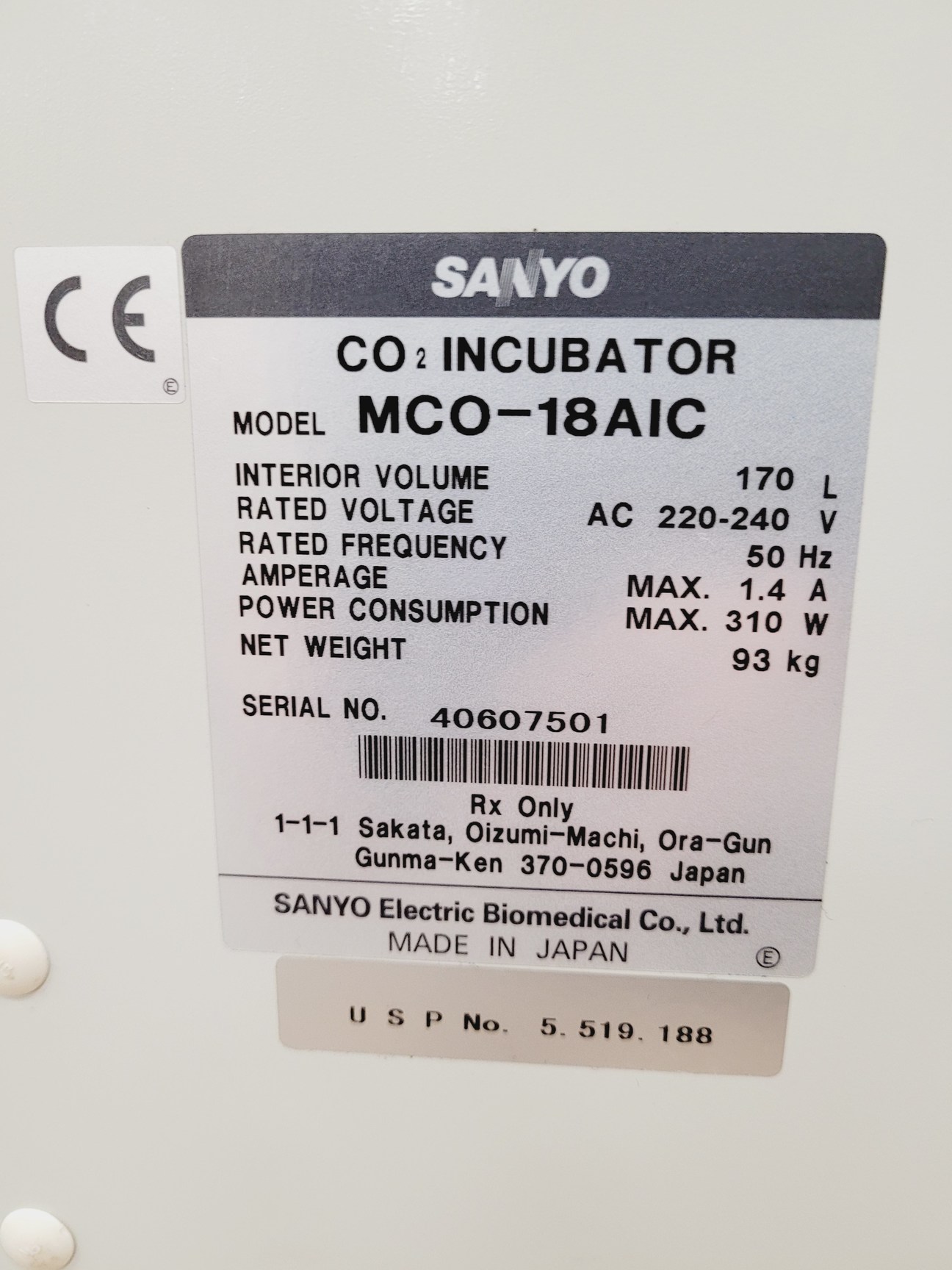 Image of Sanyo CO2 Laboratory Incubator  Model - MCO-18AIC Lab