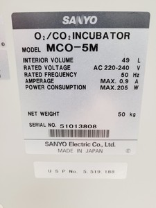 Thumbnail image of Sanyo O2/CO2 Laboratory Incubator  Model - MCO-5M Lab