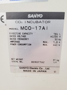 Thumbnail image of Sanyo CO2 Laboratory Incubator  Model - MCO-17AI Lab