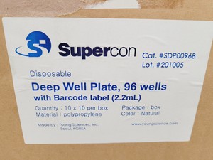 Thumbnail image of 13 Boxes of Supercon SDP0096B Deep Well Plates (96 Well) with Barcode labels 