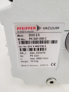 Thumbnail image of Pfeiffer Vacuum Pump  Model - DUO 2.5  M No. PK D41 056 C Lab