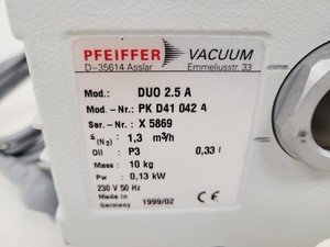 Thumbnail image of Pfeiffer Rotary Vane Vacuum Pump  Model - DUO 2.5  M No. PK D41 056 C Lab