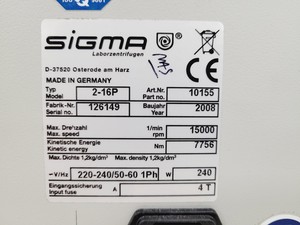 Thumbnail image of Sigma  2-16P Centrifuge with Nr.12148 15300/min Rotor Lab