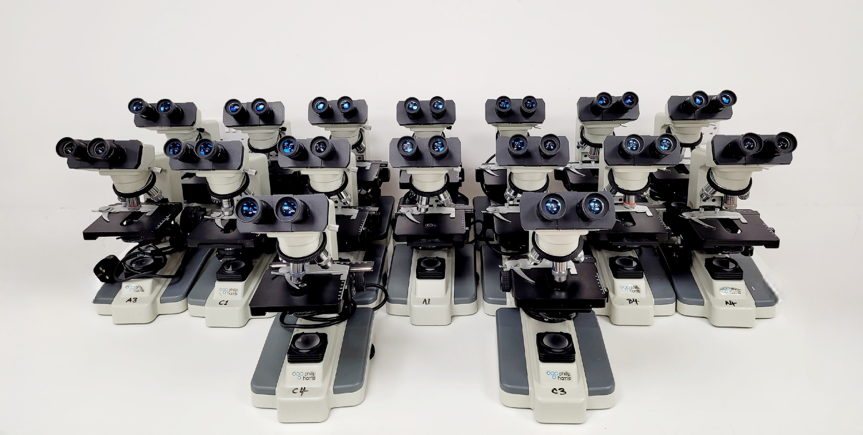 Image of 16x Philip Harris Binocular Laboratory Microscopes - All with 4 x Objectives Lab