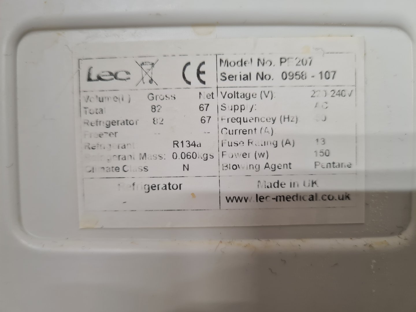 Image of Lec Pharmacy Refrigeration PE 207 Laboratory Refrigerator Lab