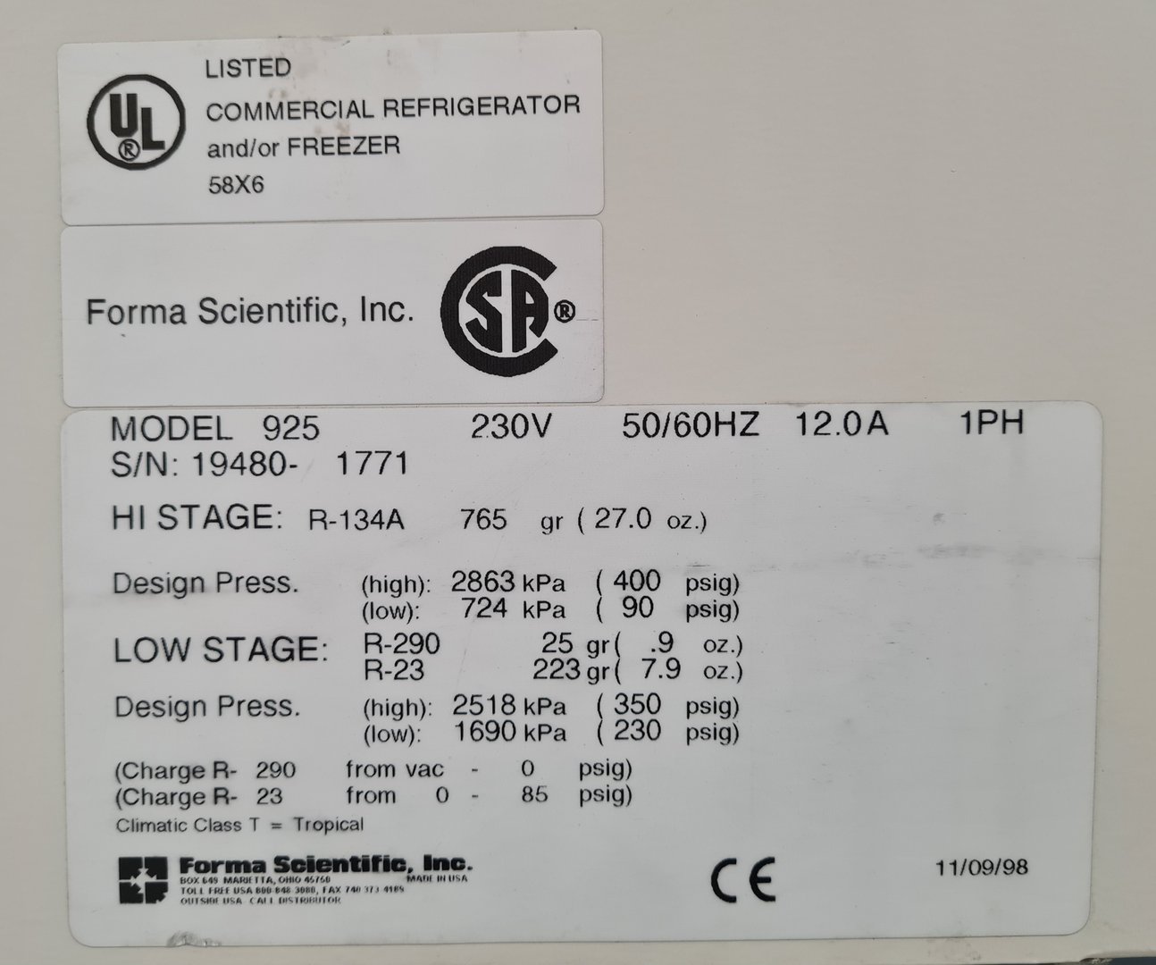 Image of Forma Scientific -86 Ultra Low Temp Laboratory Freezer Model 925 Lab Faulty