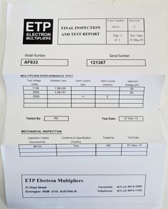 Thumbnail image of ETP Electron Multipliers AF633 14633 Ion Detector Lab