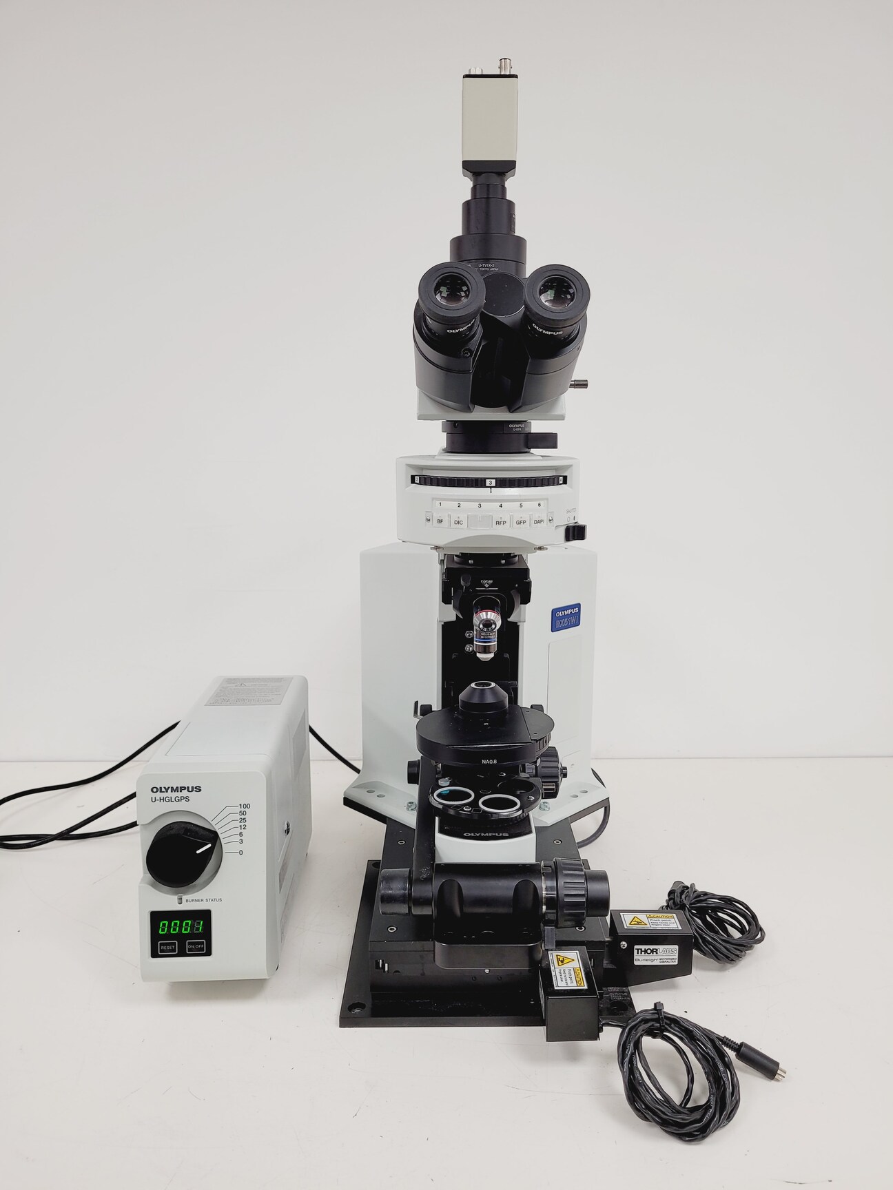 Image of Olympus BX51WIF Fluorescence Microscope System with ThorLabs Optics Table Lab