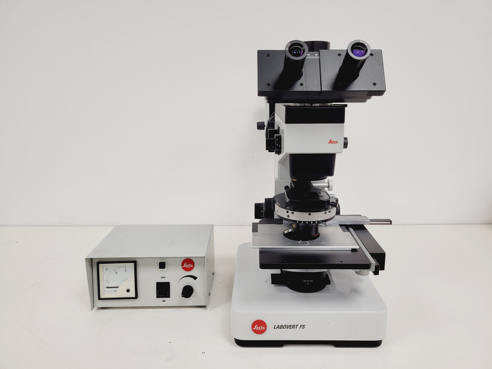 Image of Leitz Labovert FS Inverted Microscope with Light Source and 3 x Objectives Lab