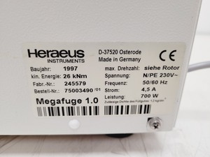 Thumbnail image of Heraeus Instruments Megafuge 1.0 Centrifuge with 2800rpm Swinging Bucket Rotor 