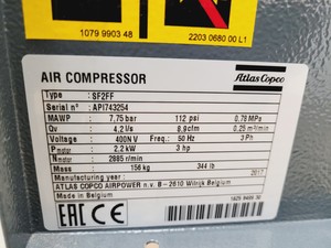 Thumbnail image of Atlas Copco SF2FF Air Compressor & Air Cylinder