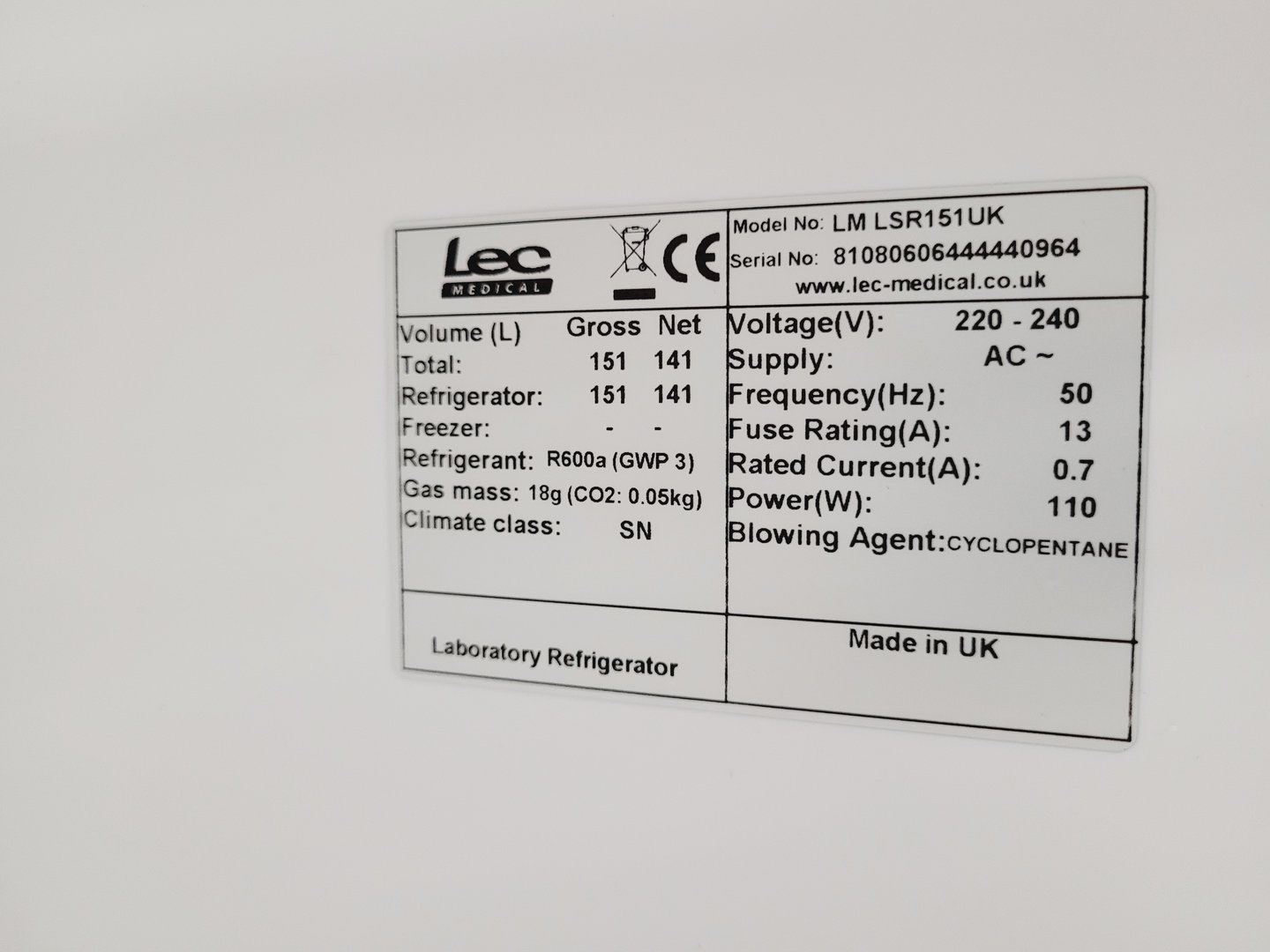 Image of Lec Medical Laboratory Refrigerator Model - LM LSR151UK Lab