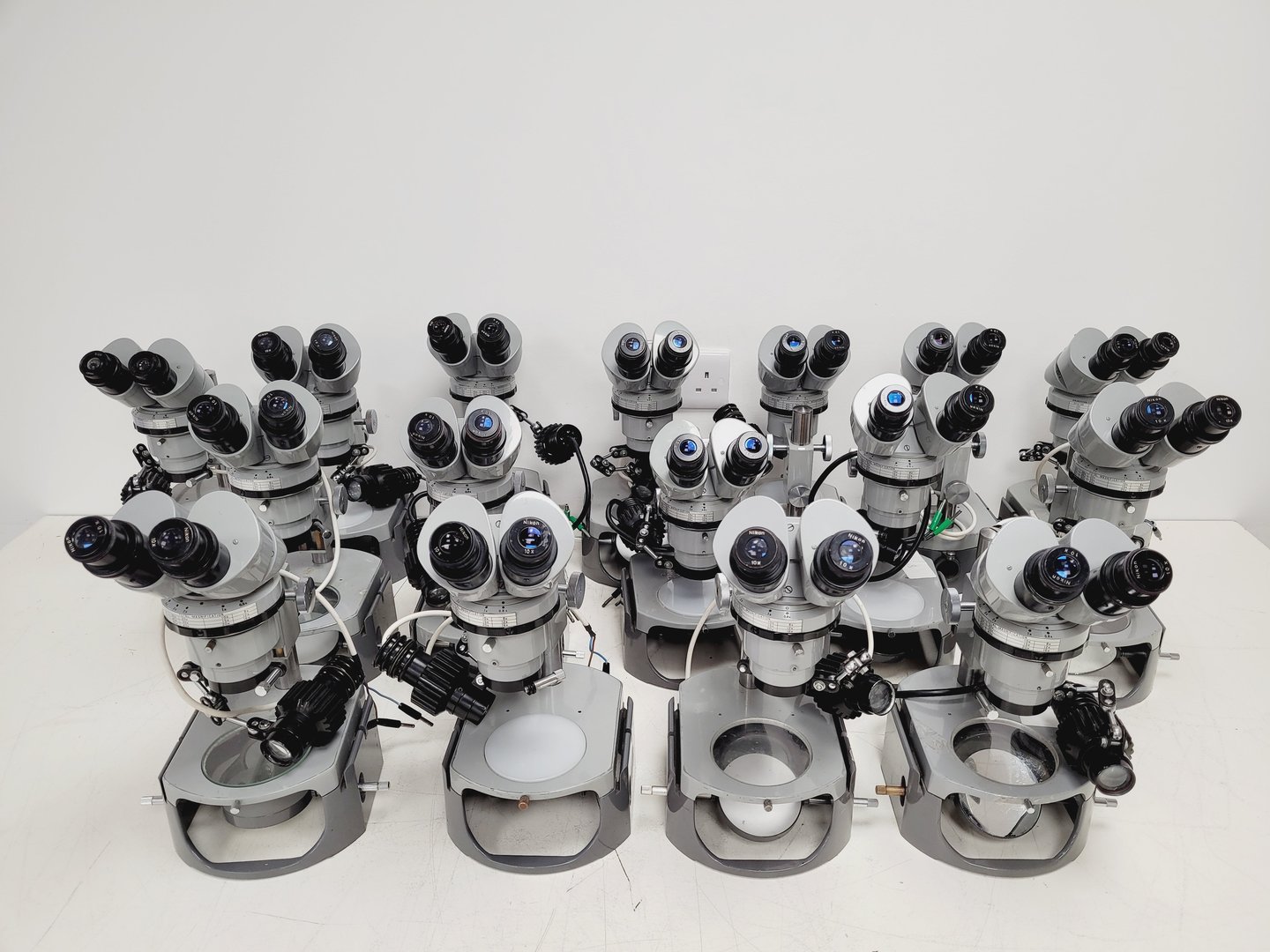 Image of Job Lot of 16 Grey Nikon Stereo Microscopes & Transformers Lab