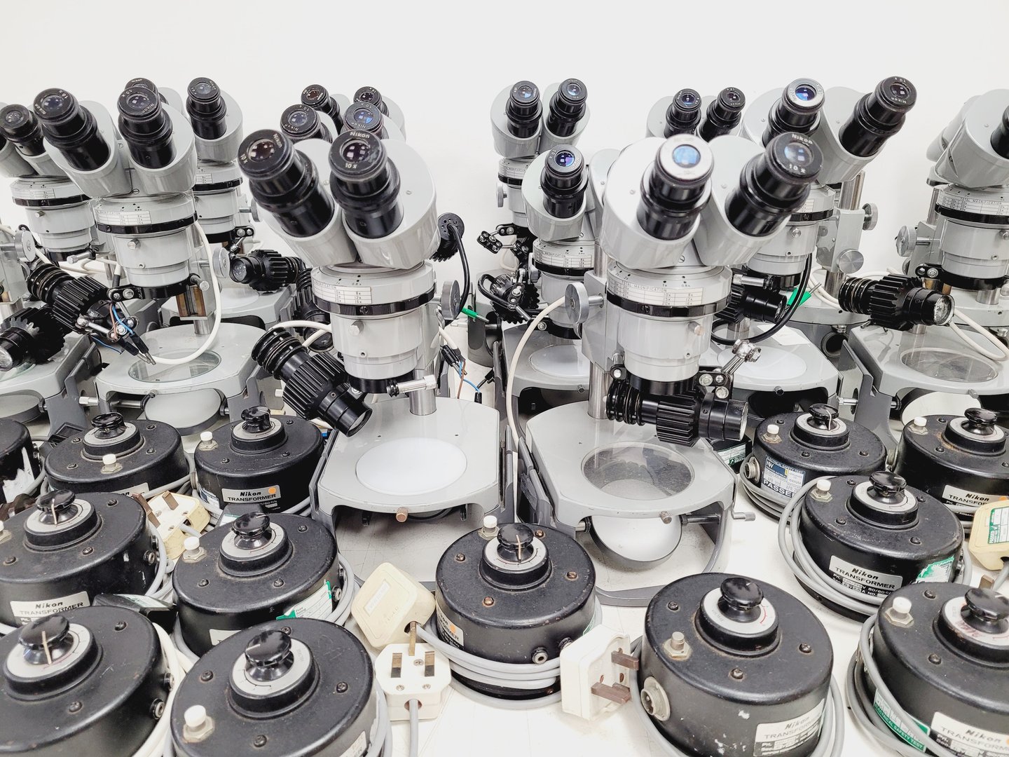 Image of Job Lot of 16 Grey Nikon Stereo Microscopes & Transformers Lab