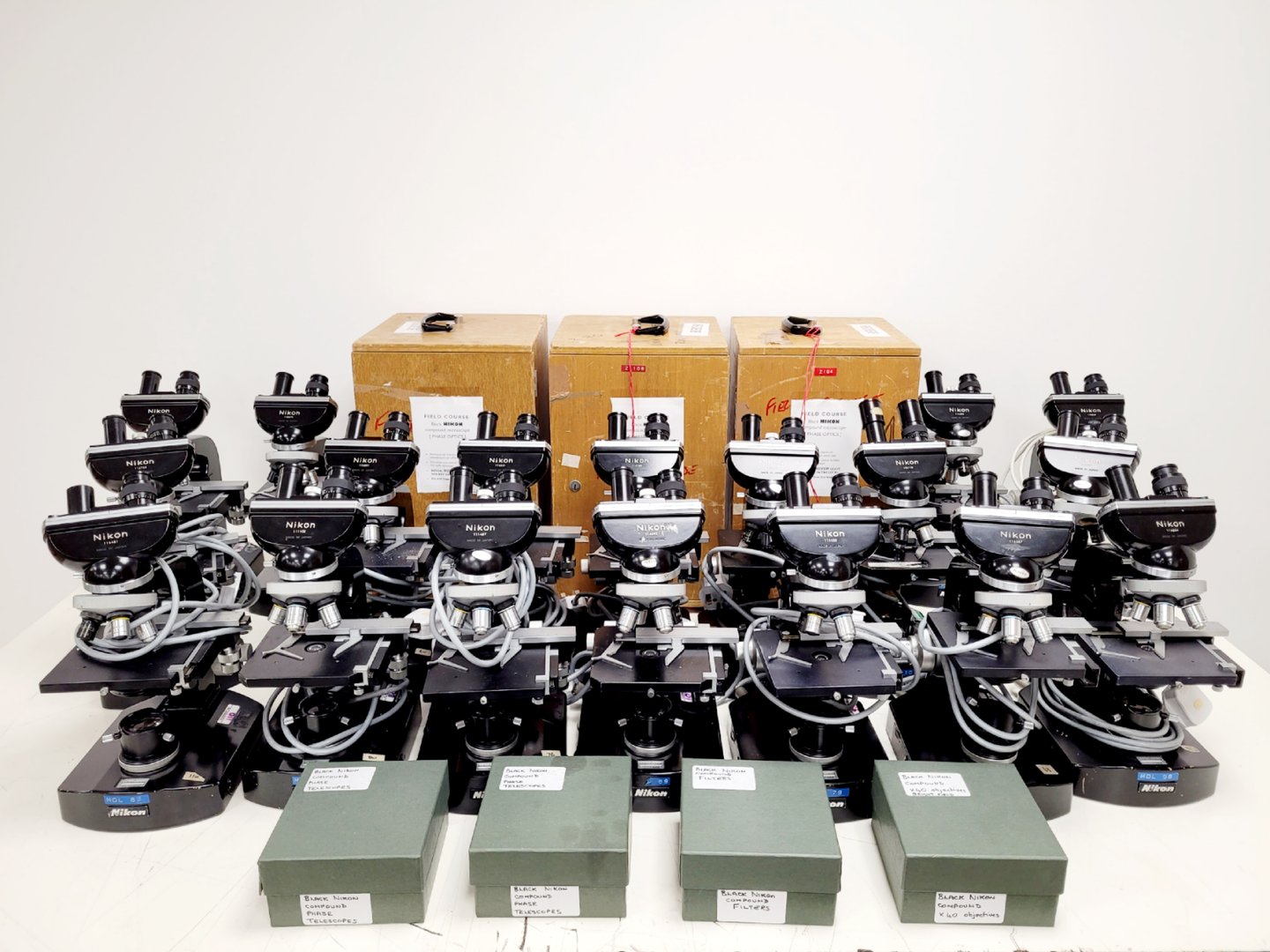 Image of Job lot of 21 x Black Nikon Compound Microscopes with Accessories Lab
