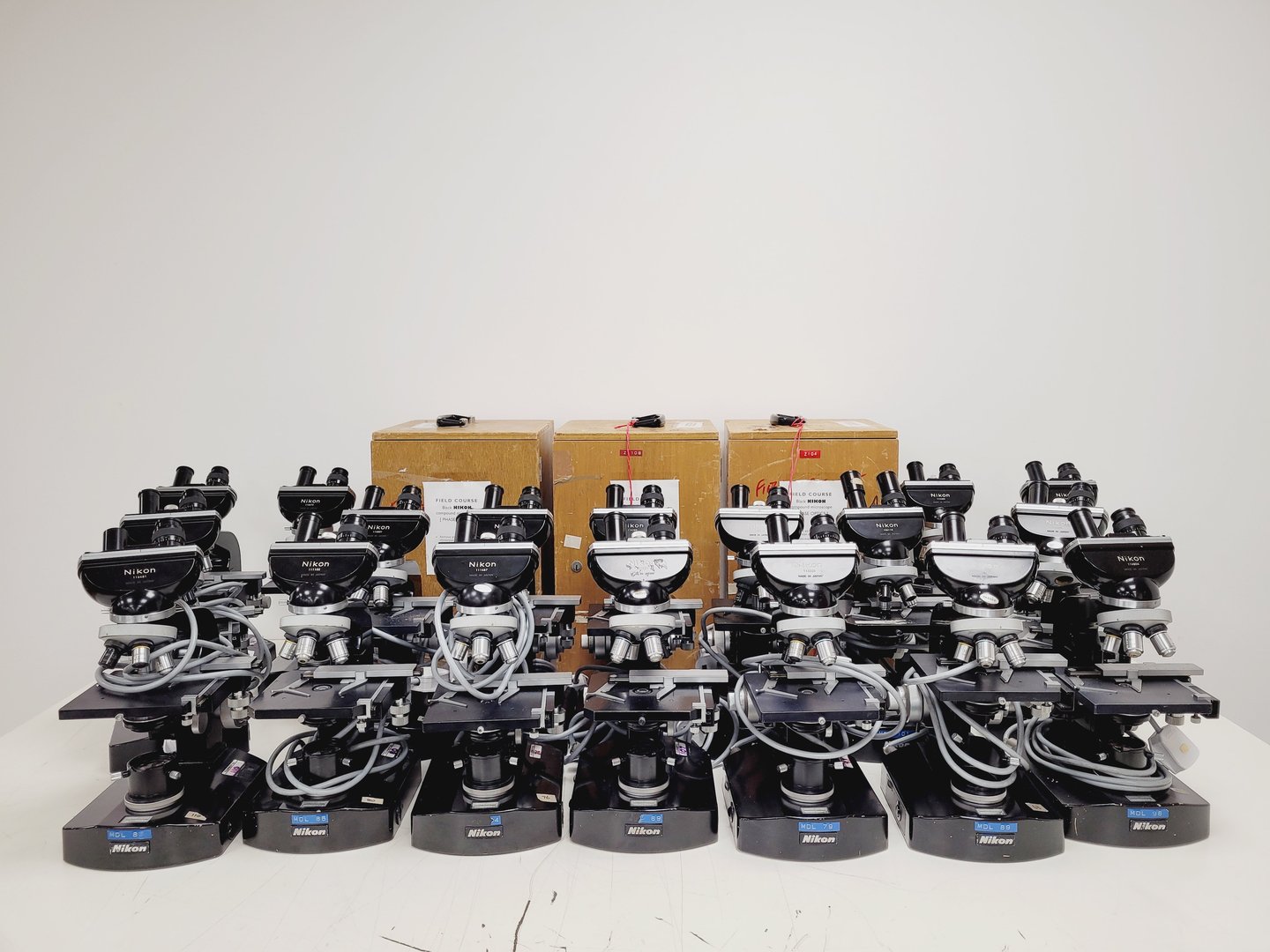 Image of Job lot of 21 x Black Nikon Compound Microscopes with Accessories Lab