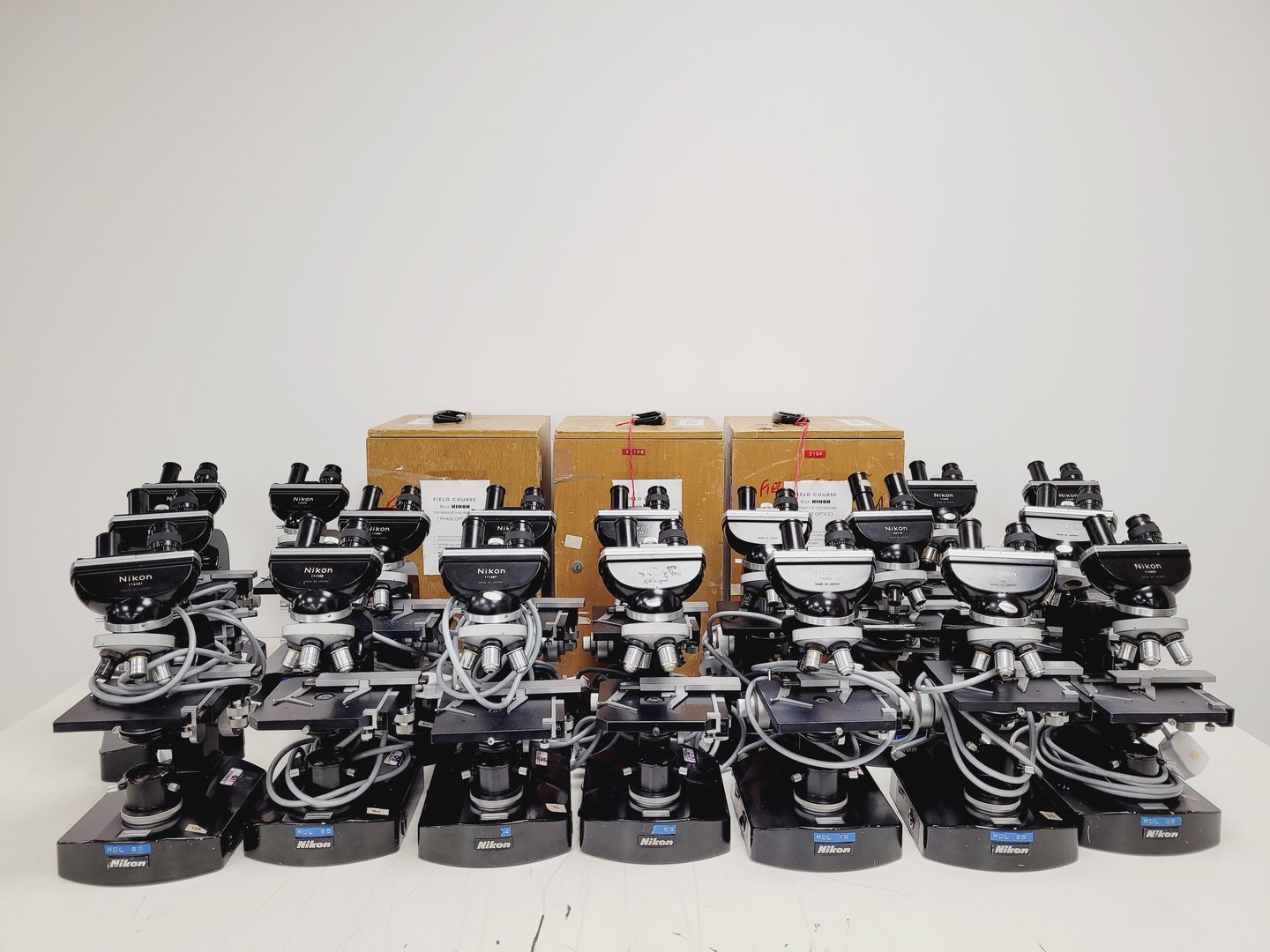 Image of Job lot of 21 x Black Nikon Compound Microscopes with Accessories Lab