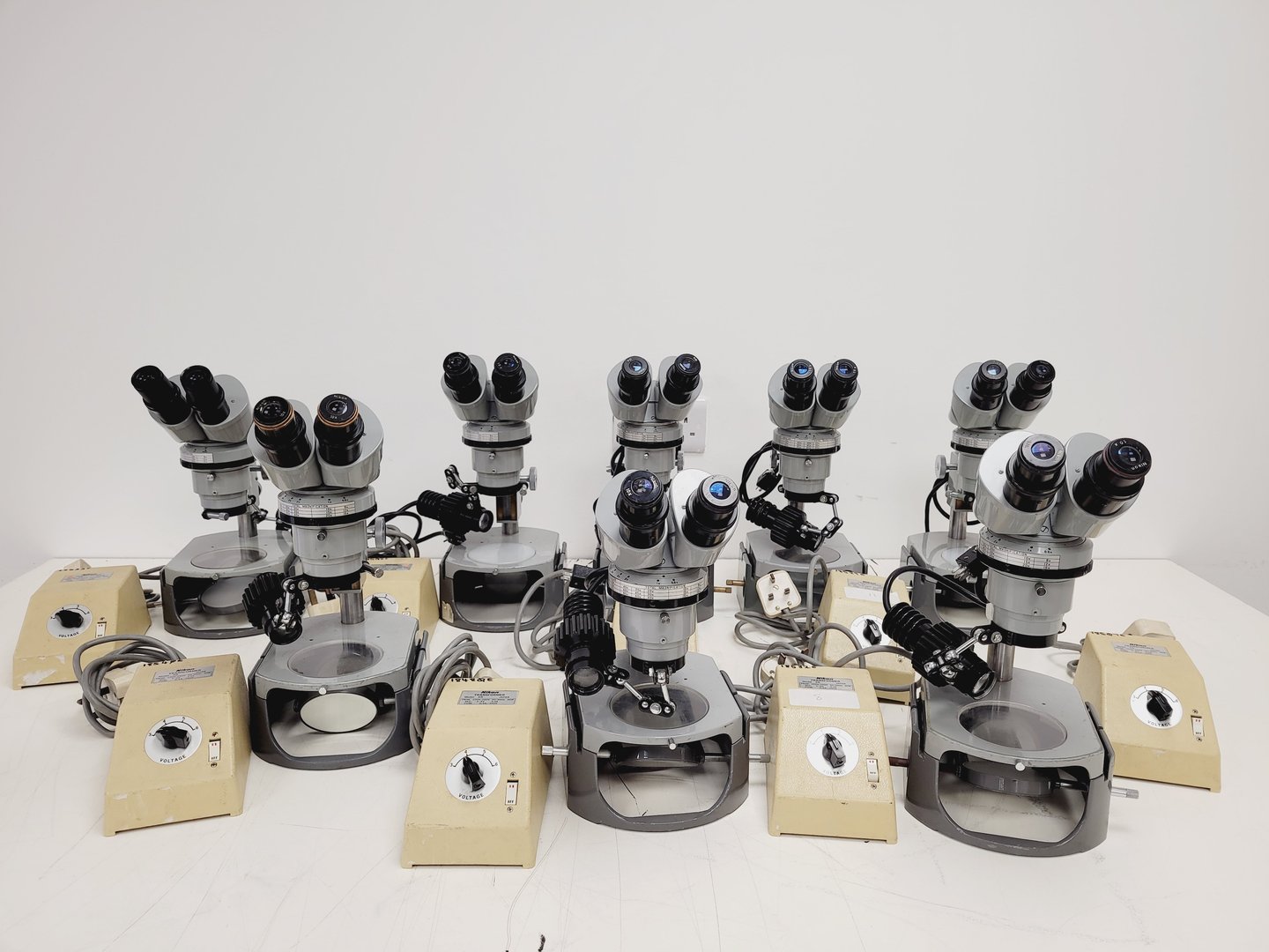 Image of Job Lot of 9 Grey Nikon Stereo Microscopes & Transformers Lab