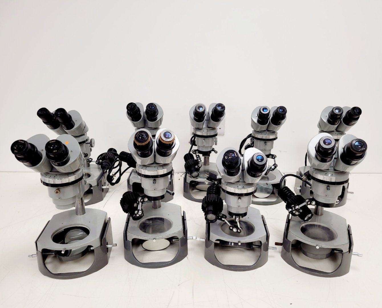 Image of Job Lot of 9 Grey Nikon Stereo Microscopes & Transformers Lab