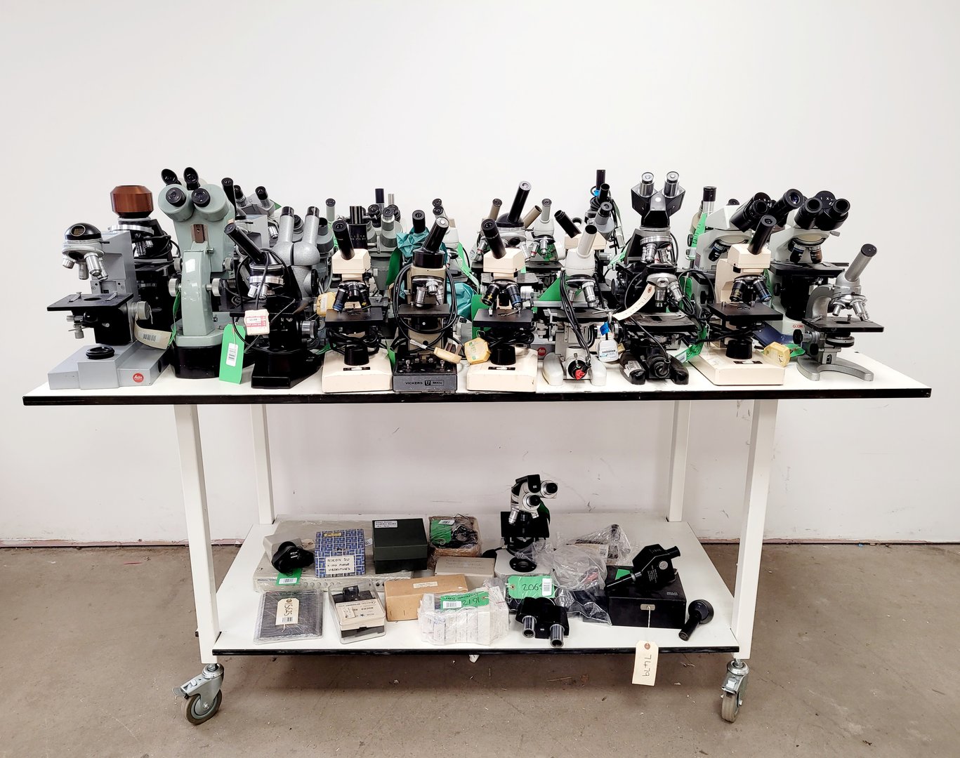 Image of Job Lot of Laboratory Benchtop Microscopes & Accessories - Swift, Vickers, Leitz