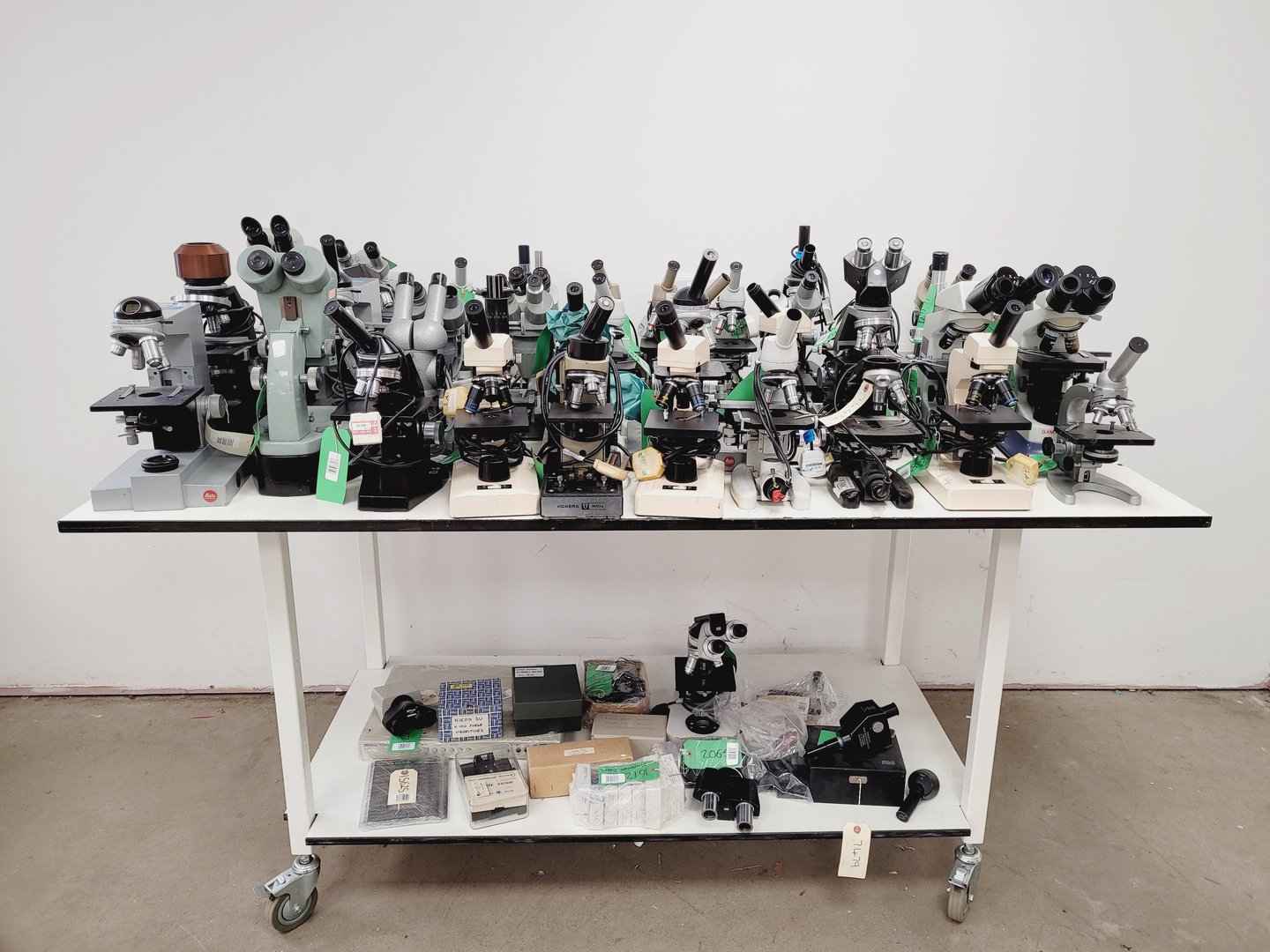 Image of Job Lot of Laboratory Benchtop Microscopes & Accessories - Swift, Vickers, Leitz