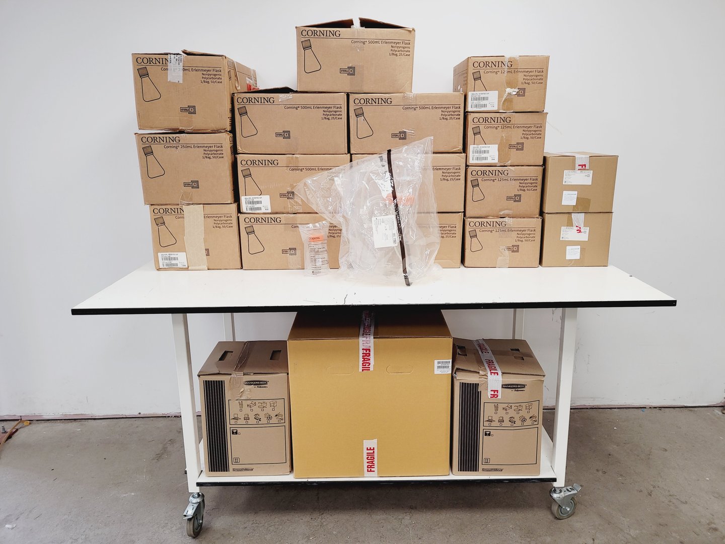 Image of Large Job Lot of Plastic Corning Erlenmeyer Flasks & Bottles Various Sizes Lab
