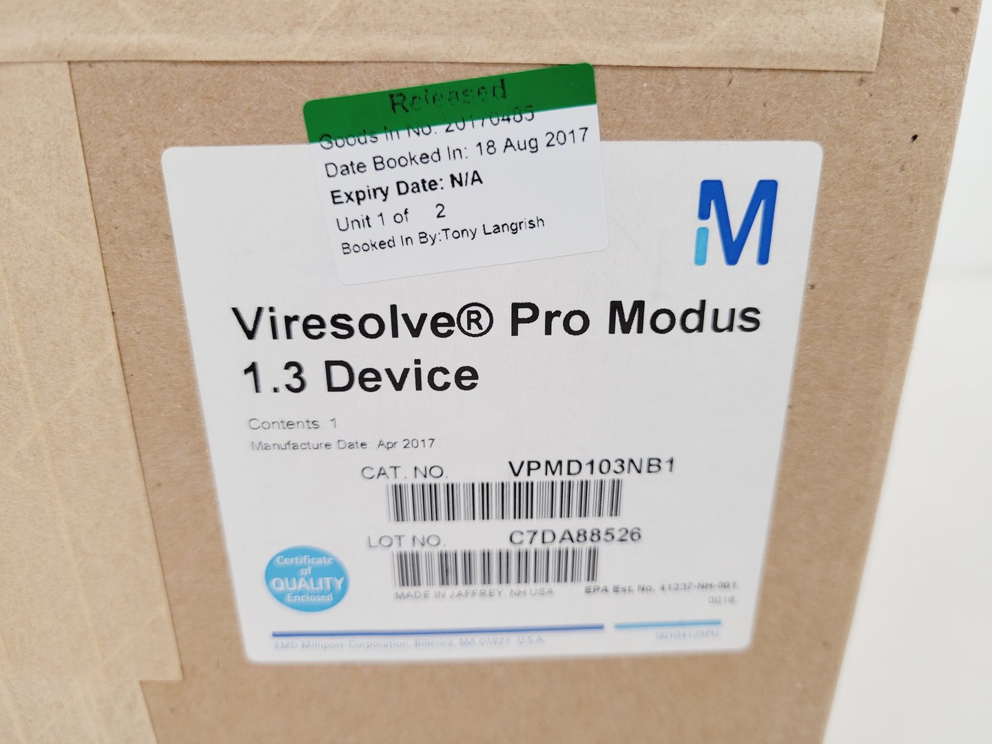 Viresolve Microshield Millipore Viresolve Pro Modus 1.3 Device VPMD103NB1 Lab