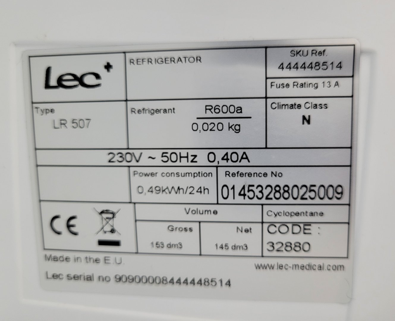 Image of LEC LR507 Pharmacy Laboratory Refrigerator Fridge Lab
