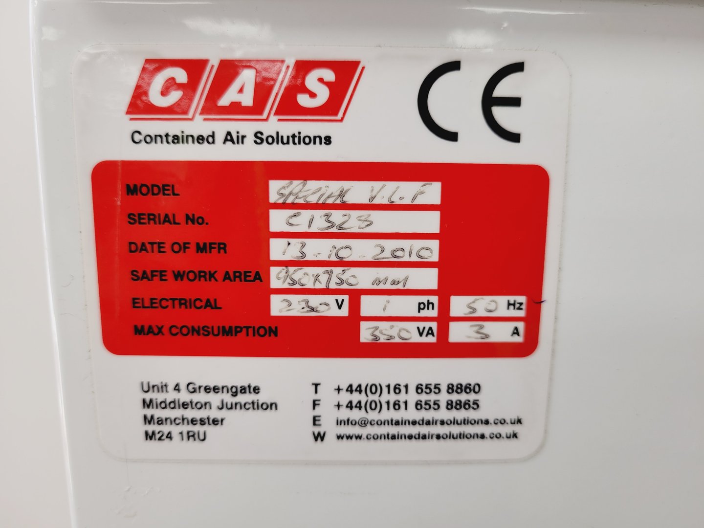 Image of CAS Contained Air Solutions Laminar Flow Cabinet/Hood Special V.L.F Lab
