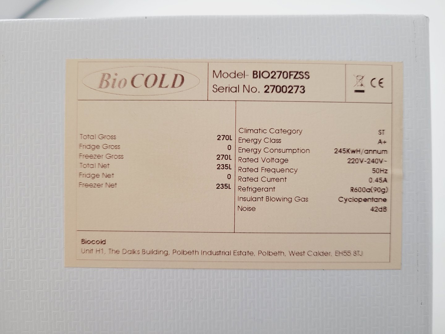 Image of BioCold Laboratory Freezer  Model - BIO270FZSS Lab