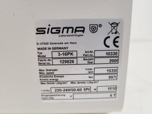 Thumbnail image of Sigma 3-16PK Refrigerated Benchtop Laboratory Centrifuge with Rotor Lab