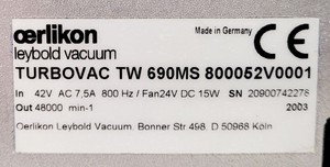 Thumbnail image of Leybold OERLIKON TURBOVAC WIDE RANGE Turbo Pump Type TW 690MS 800052V0001 Lab