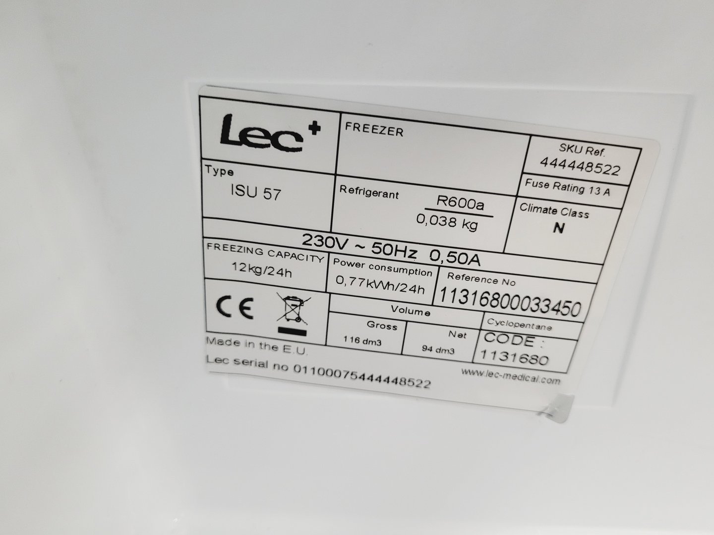 Image of LEC Undercounter Laboratory Freezer Type ISU 57 Lab