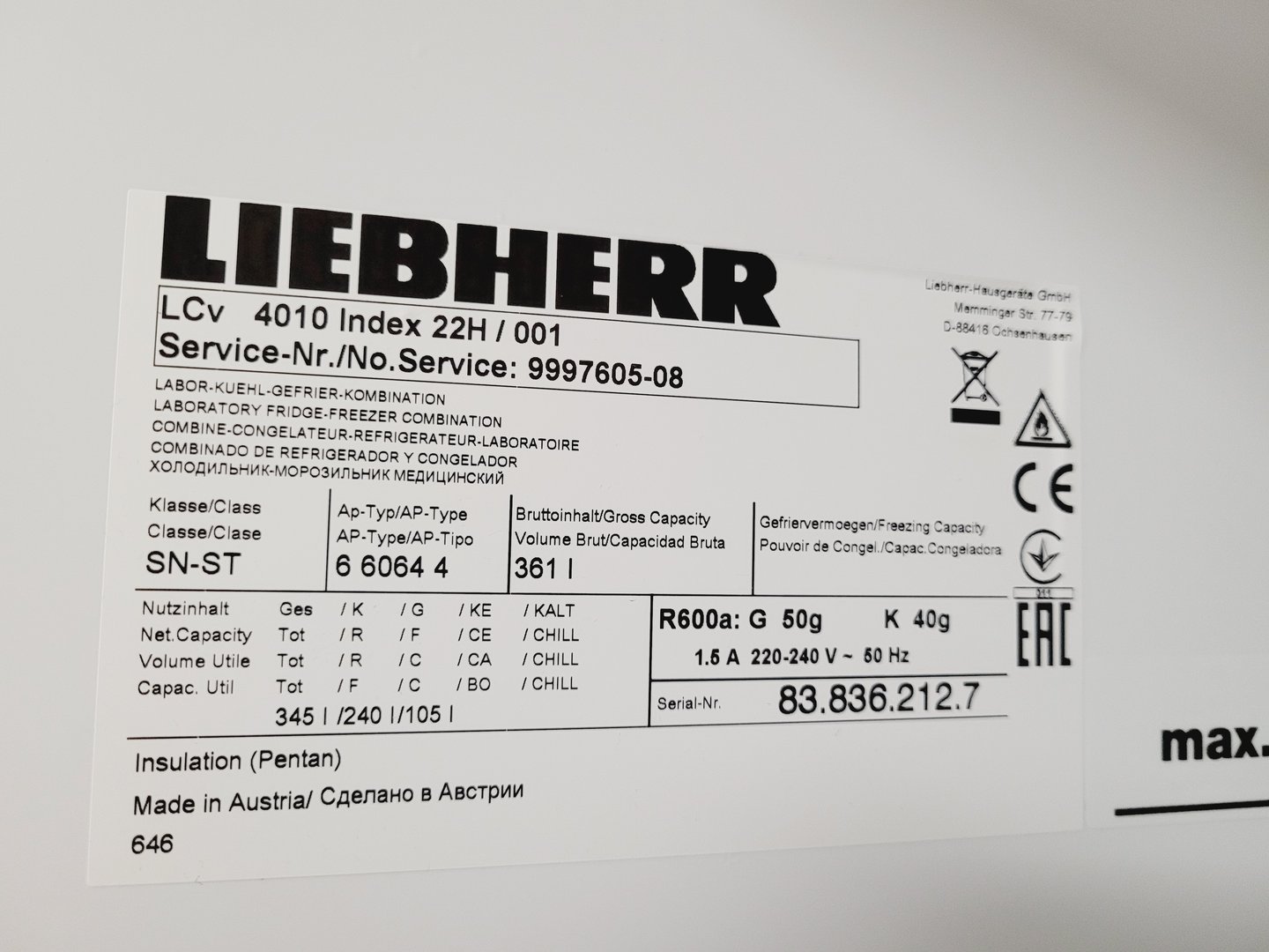 Image of Liebherr Mediline Fridge Freezer Type 6 6064 4 Lab Faulty Freezer