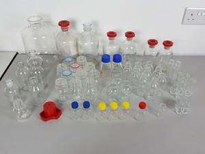 Thumbnail image of Large Lot of Laboratory Glassware - Duran Bottles, Beakers, Flasks, Tubes 