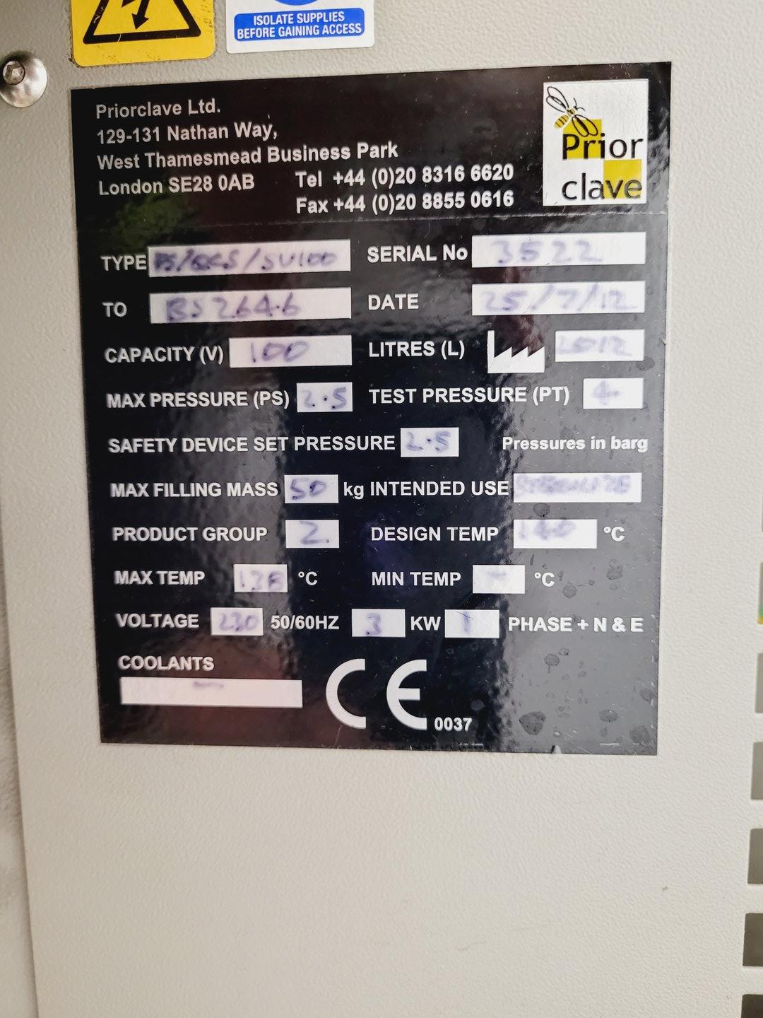 Image of Priorclave Model PS/QCS/SV100 Top Loading Autoclave Lab