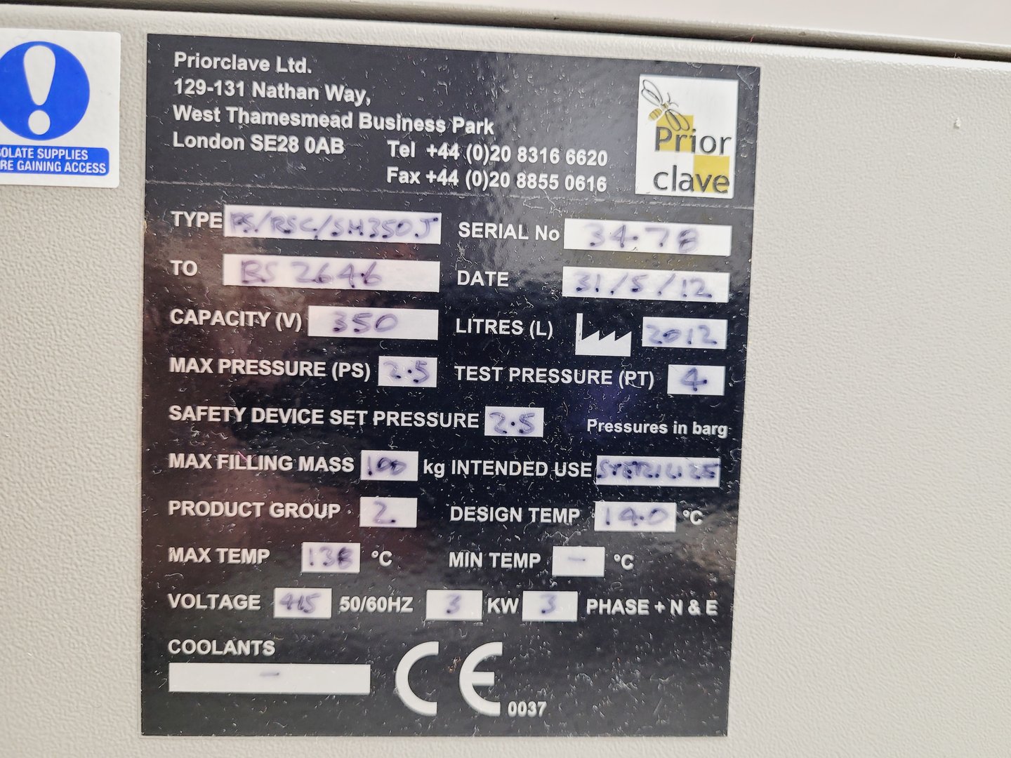Image of Priorclave PS/RSC/SH350J Front Loading Autoclave Lab Spares/Repairs
