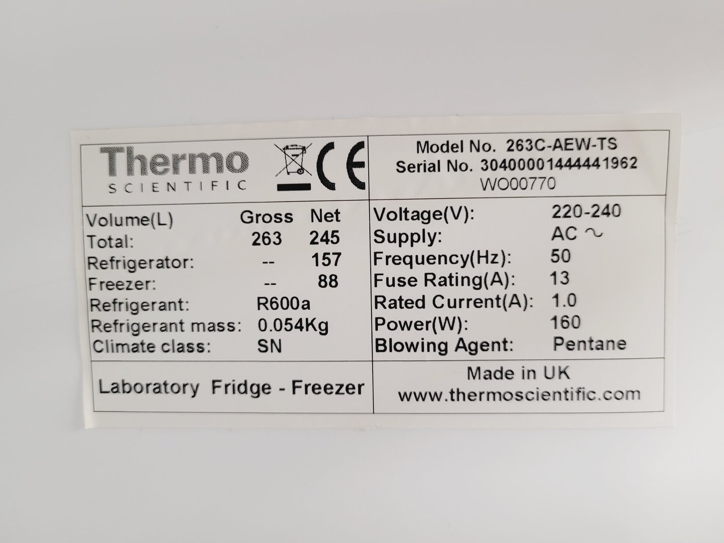 Image of Thermo Scientific ES Series 263C-AEW-TS Laboratory Fridge Freezer Lab