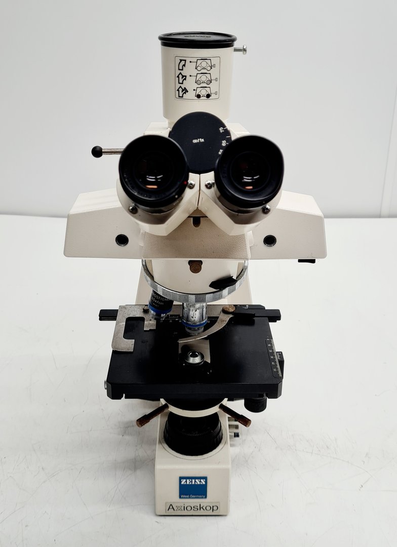 Image of Carl Zeiss Axioskop EL Einsatz Microscope w/ 3 Objectives ACHROSTIGMAT Epiplan