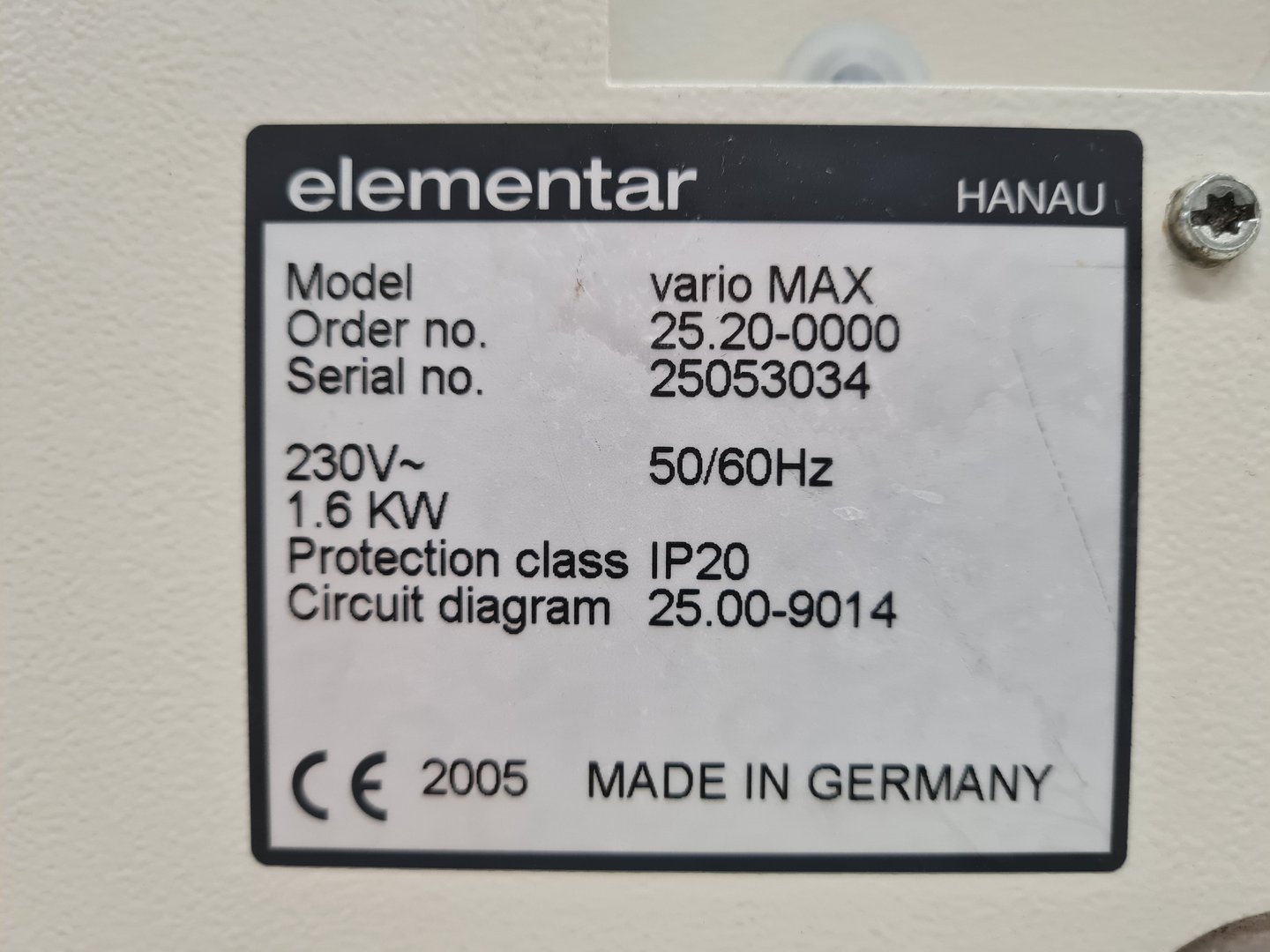 Image of Elementar Vario Max CNS Elemental Analyser Lab
