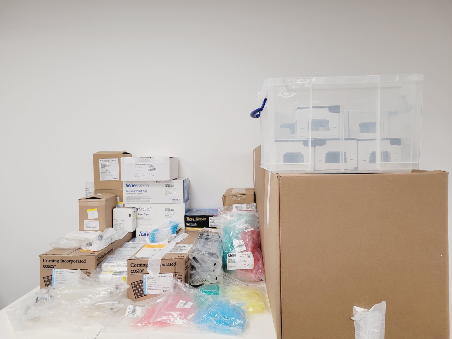 Image of Pallet of Assorted Plastic and Glass Consumables - Fisherbrand - Corning - Lonza