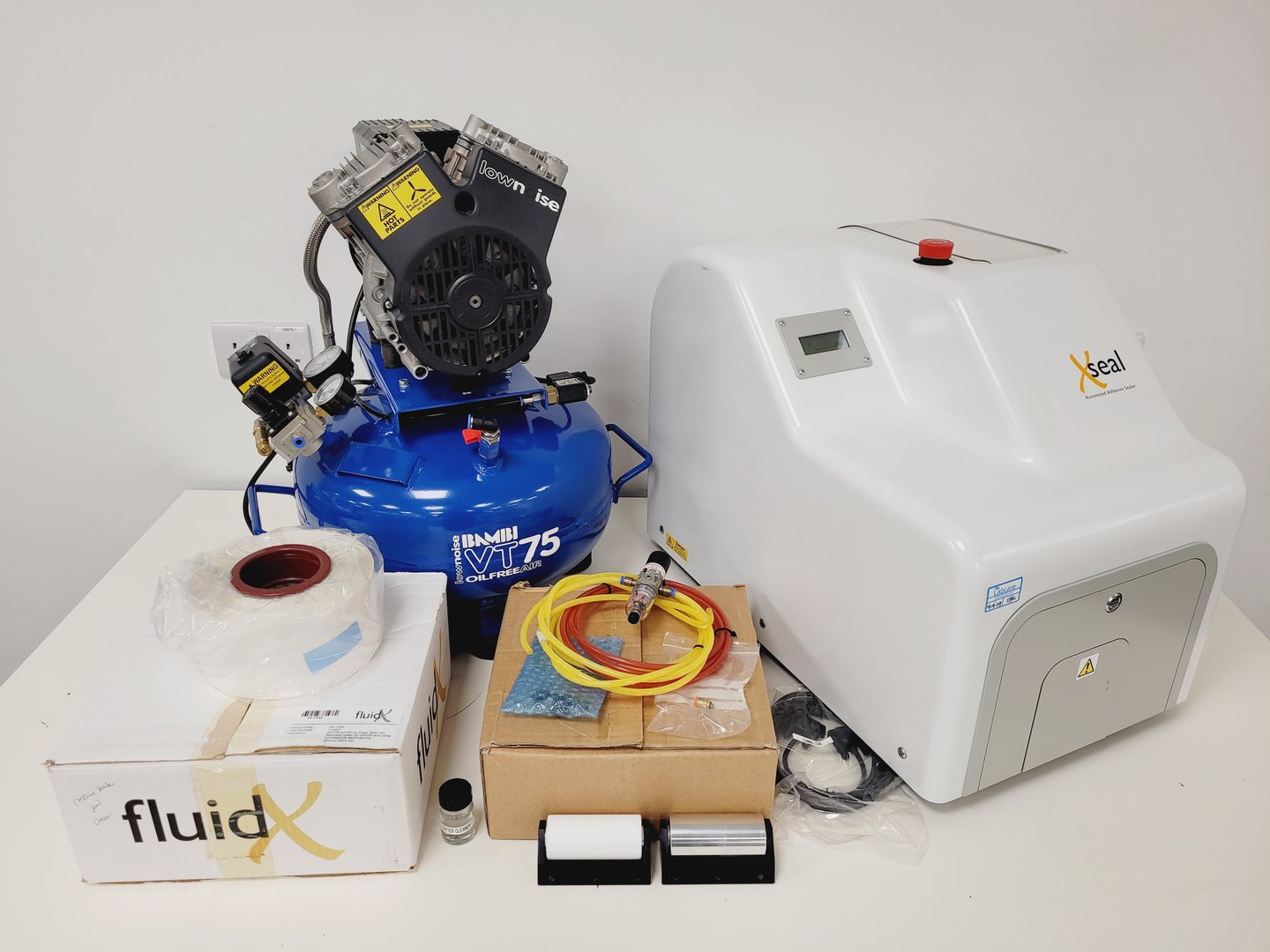 Image of FluidX X-Seal AAS Automated Adhesive Sealer with Bambi VT75 Compressor Lab