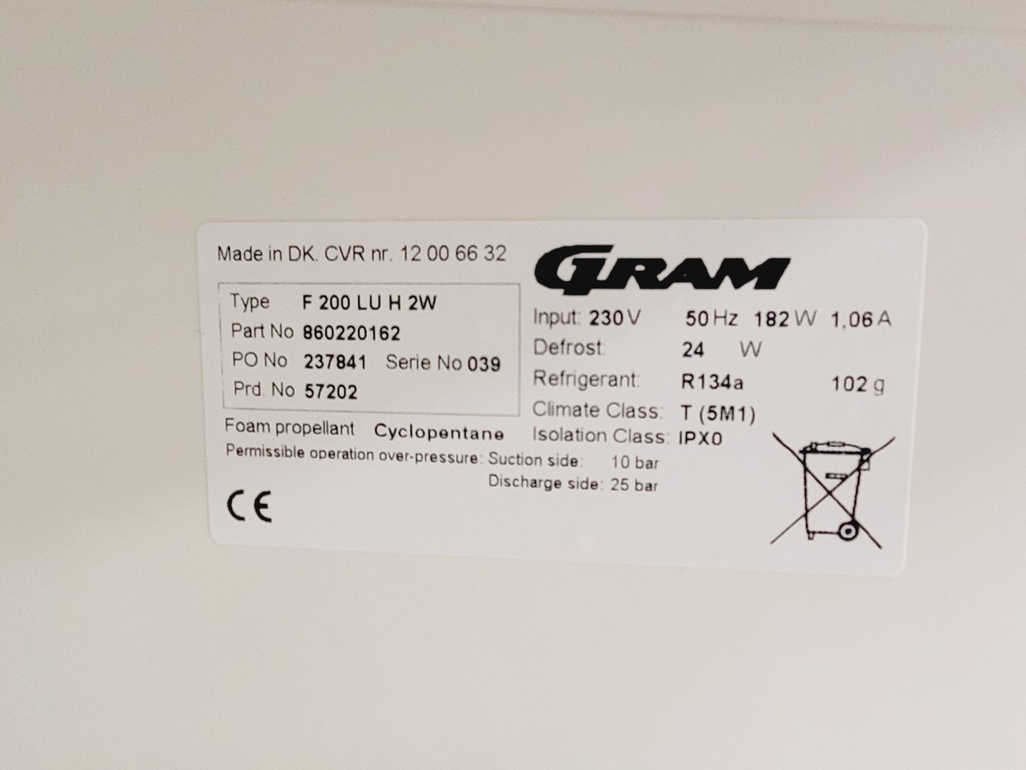 Image of Gram F 200 LU H 2W Laboratory Freezer Lab Spares/Repairs