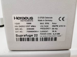 Thumbnail image of Heraeus Sepatech Suprafuge 22 Floorstanding Centrifuge with 12000rpm Rotor Lab