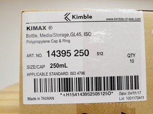 Thumbnail image of Job Lot of 142 Boxes of 10 Media Bottles Kimax ISO, GL45, 250 ml, Blue PP Cap 