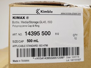 Thumbnail image of Job Lot of 72 Boxes of 10 Media Bottles Kimax ISO, GL45, 500 ml, Blue PP Cap 