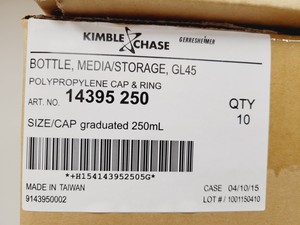Thumbnail image of Job Lot of 107 Boxes of 10 Media Bottles Kimax ISO, GL45, 250 ml, Blue PP Cap 