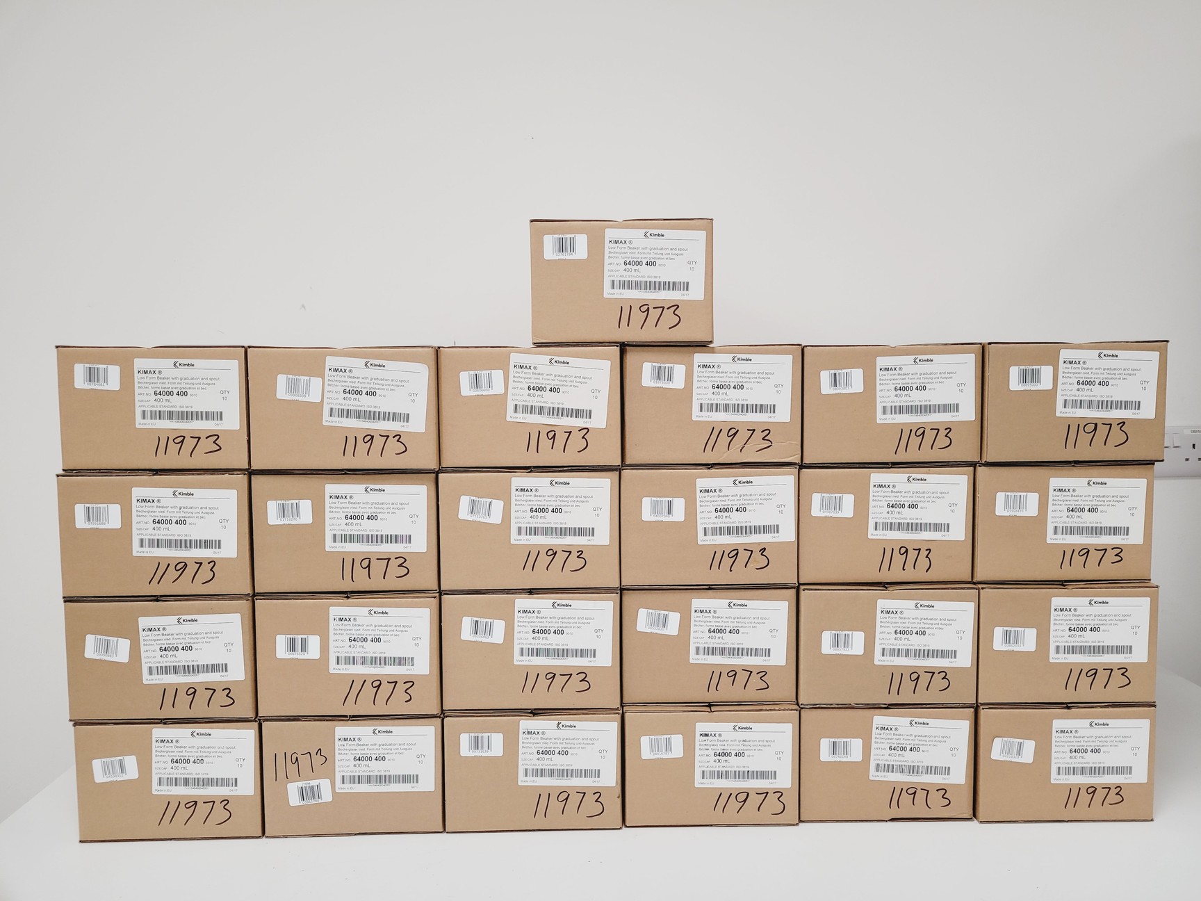 Image of Job Lot of 250 x Beaker Kimax ISO (Low Form), 400 ml 25 Boxes (10 per Box) Lab