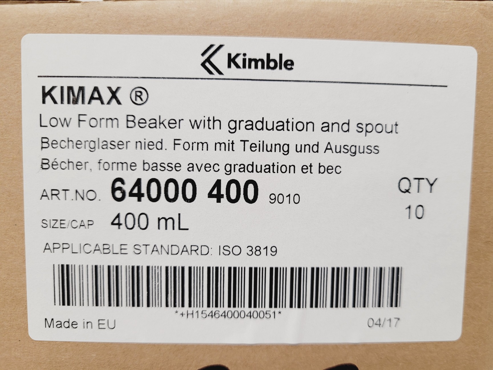 Image of Job Lot of 250 x Beaker Kimax ISO (Low Form), 400 ml 25 Boxes (10 per Box) Lab