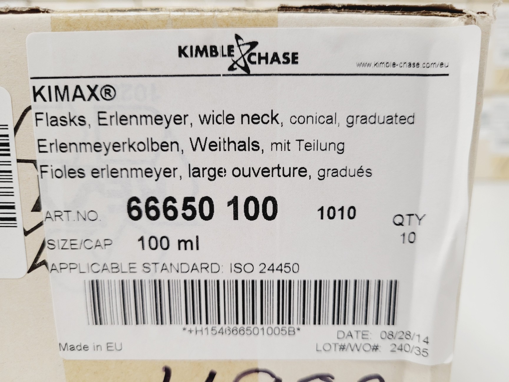 Image of Job Lot of 380 x Erlenmeyer Kimax ISO (Wide Neck), 100 ml (10 Per Box) Lab